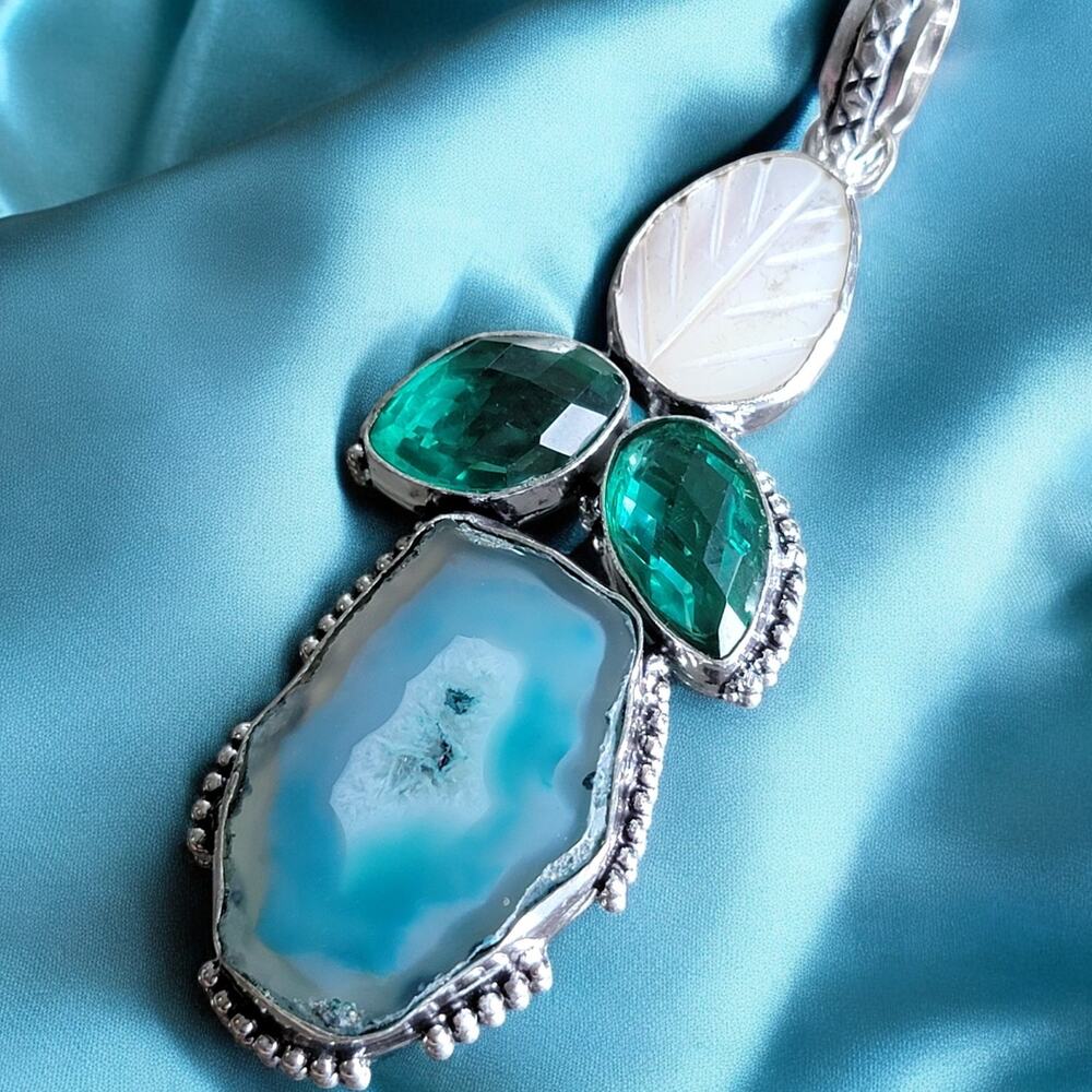 Blue Druzy Agate Mother of Pearl & Green Quartz Pendant Sterling Silver Necklace